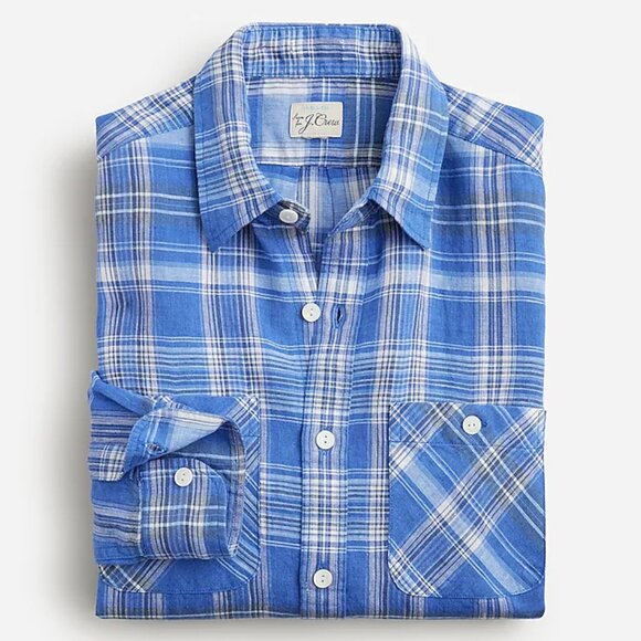 NWT $118 J Crew Baird McNutt Irish Linen Blue Plaid Two-Pocket Workshirt - Picture 1 of 3